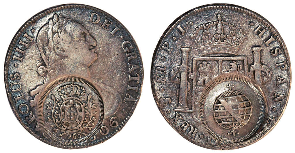 Moeda de 8 reales de 1806 transformado em 960 réis pelo carimbo de minas